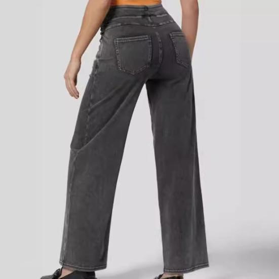 Jeans da donna elastici a vita alta aderenti leggermente svasati a gamba larga pantaloni lunghi in denim con tasche jeans tinta unita