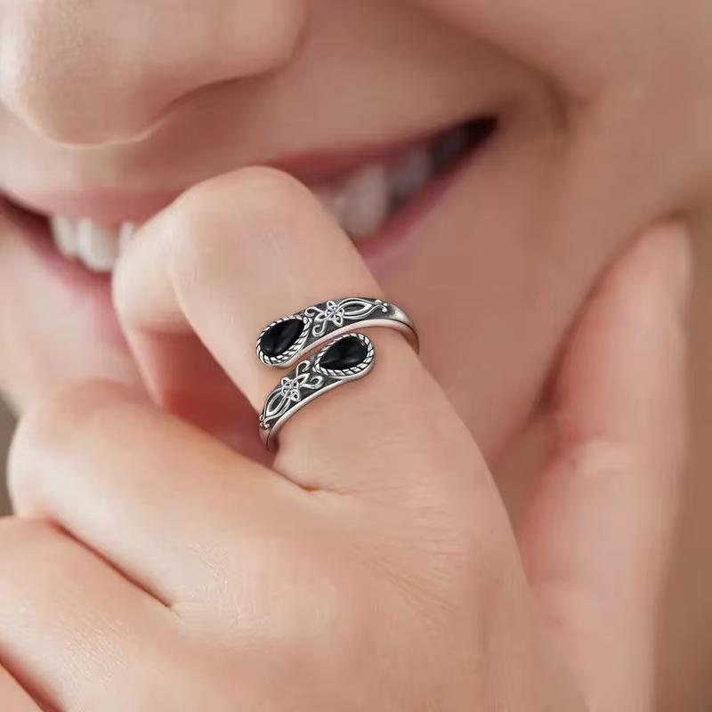 Huajie Florales Muster Retro Mondstein Ringe für Damen Offen Verstellbar Boho Ringe Mode Accessoires