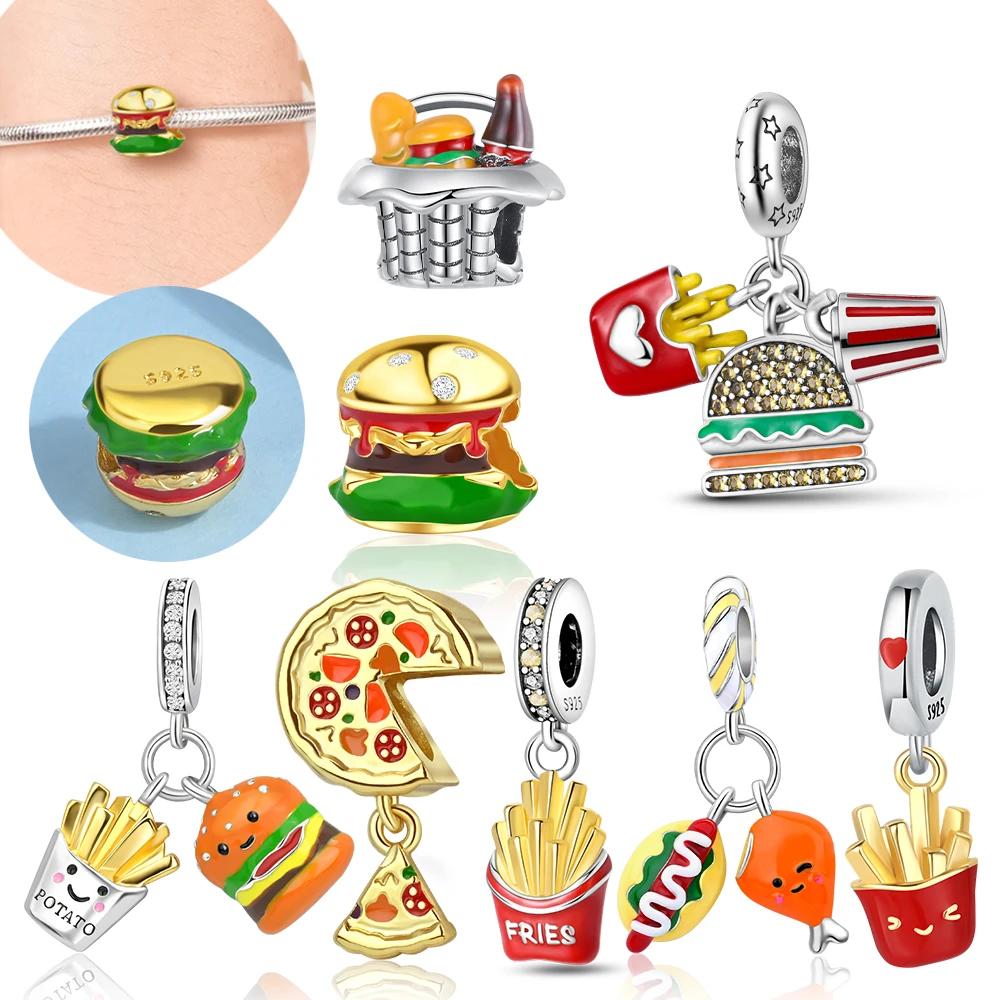 Charm Bead Charms Copper French Fries Burger Pizza Collection Coffee Bread Threepiece Set for Women Diy Bracelets Necklaces Gift