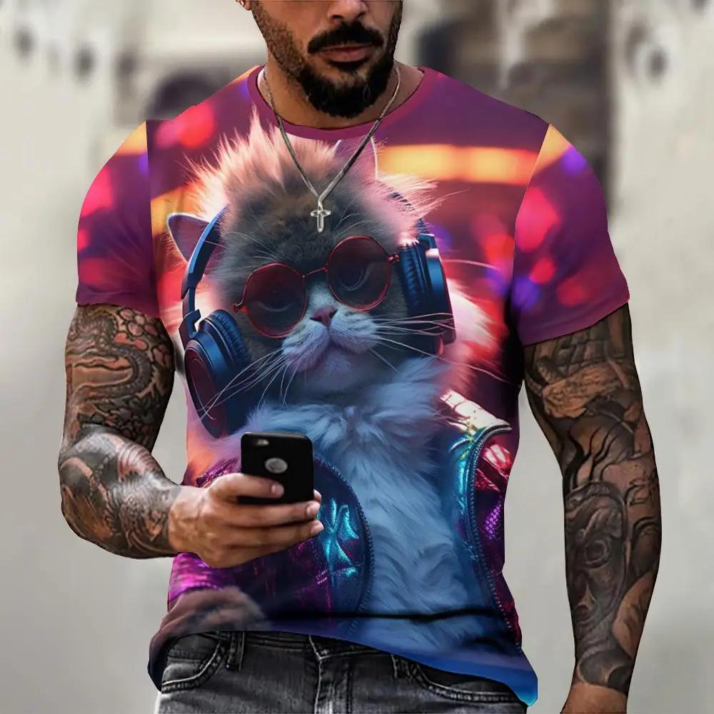 Men's 3D Printed T-Shirt Cute Cat Pattern Print Short Sleeve O-Neck Pullover Casual Top