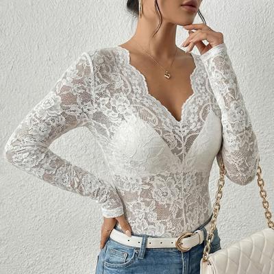 Women Tops V-Neck Long Sleeve Hollow Embroidery Lace Design Pullover Tops Pure Color Slim Fit Mesh Detail Blouse Daily Wear