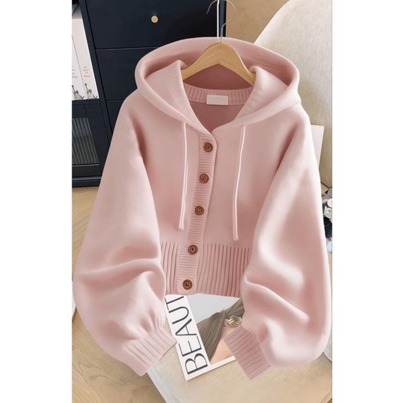 Women's Pink Knitted Hooded Cardigan - Soft & Loose, Korean Style Sweater for Spring & Autumn