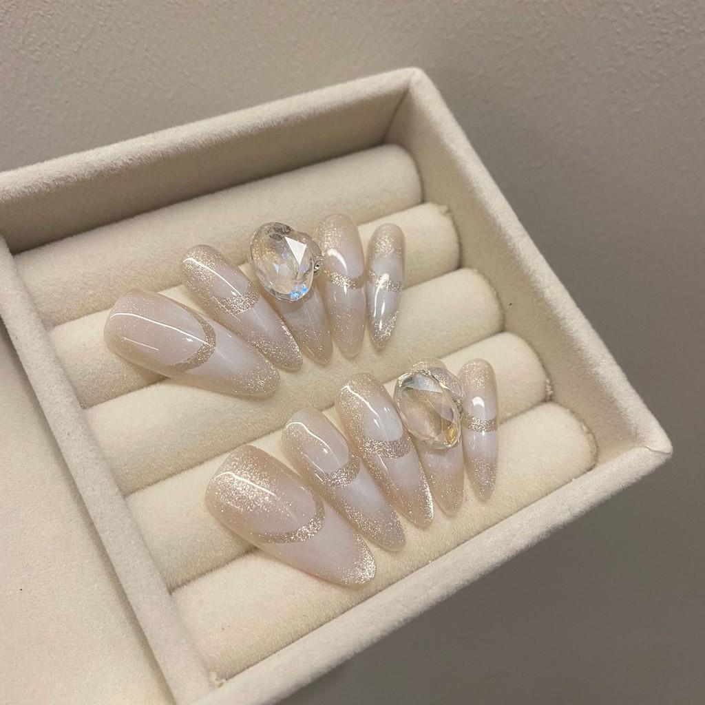 100% HANDMADE Lengthen Oval shape/Extra Long Water Drop Shape Light Grey Cat Eye Inkjet Design Clear Diamond Ballet Style Princess Grace Fake Nails