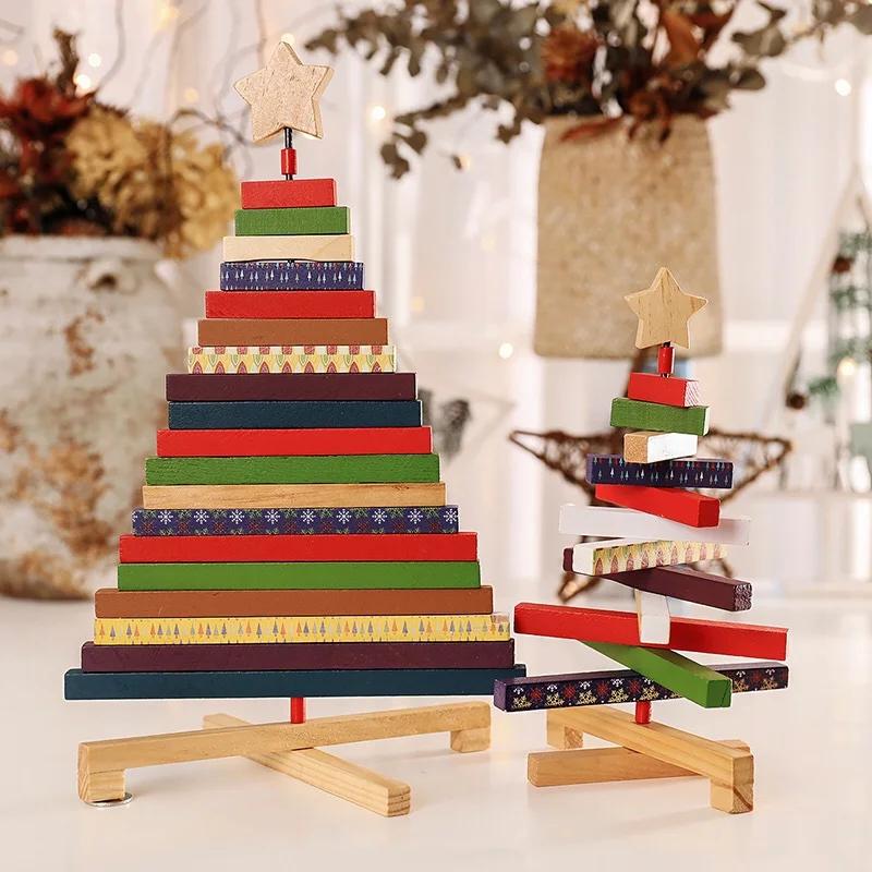 

Wooden Christmas Trees Figurines Christmas Decoration 2025 Home Accessories Rotatable Miniatures Aesthetic Room Decor Kids Gift