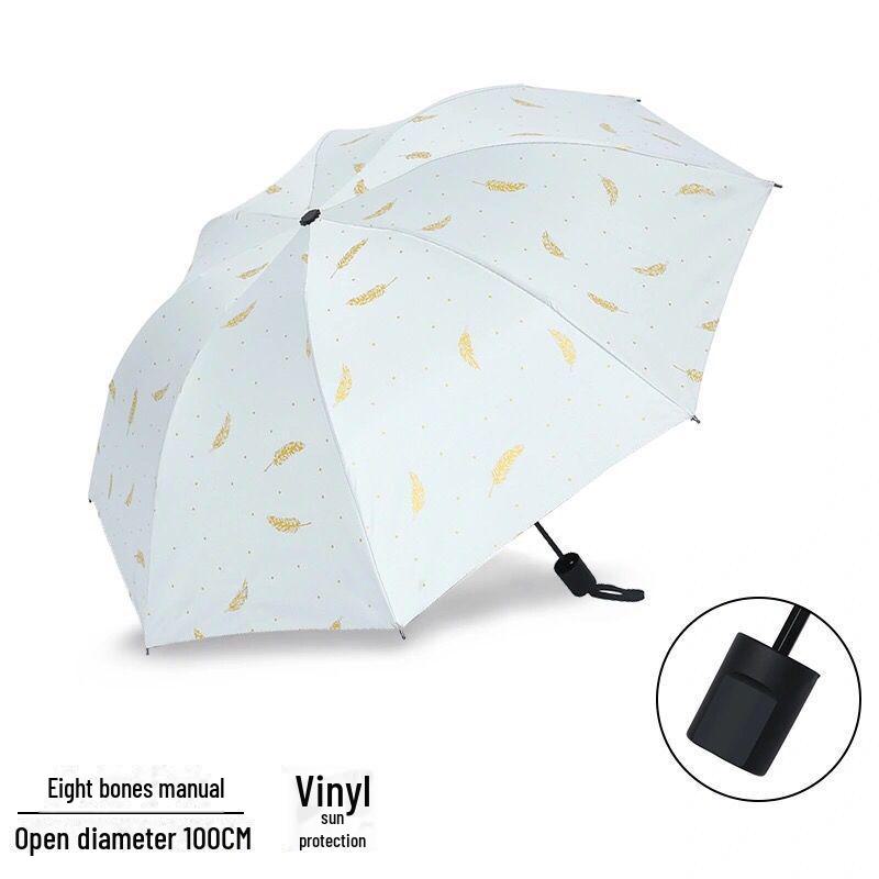 Kompakter, dreifach faltbarer Sonnen- und Regenschirm mit goldgeprägter Feder und UV-Schutz