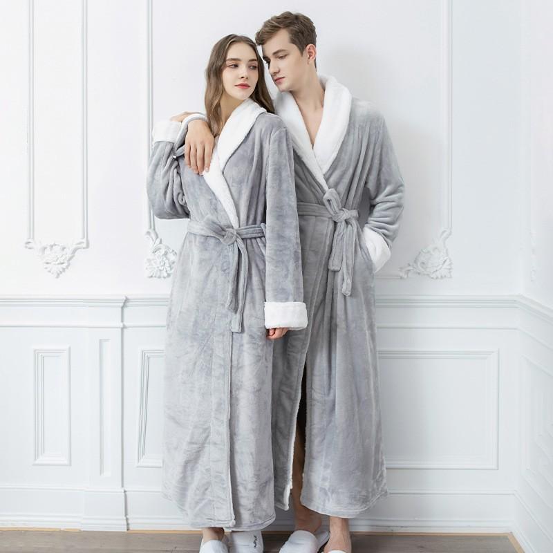 Flannel Nightgown Women Men's Winter Plus Size Bathrobe Thicken Warm Couples Lovers Long Sleepwear Robe with Belt