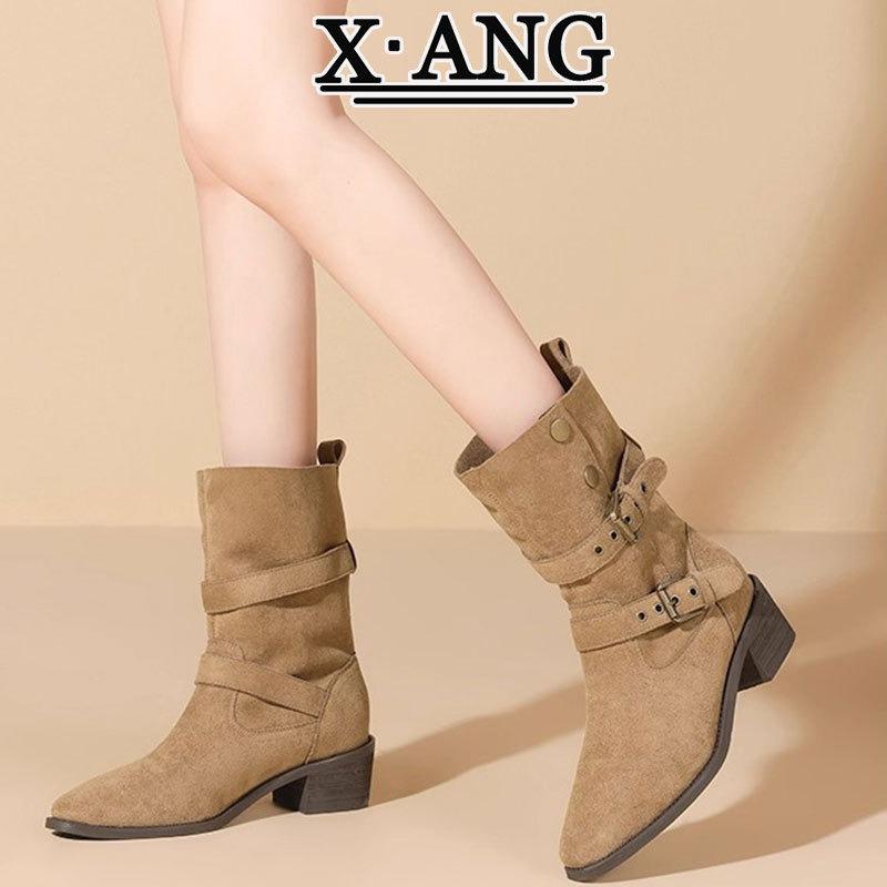 Cowhide Maillard Boots Women's Thick Heel Pile Boots Belt Buckle Medium Martin Boots Knight Boots Western Cowboy Boots