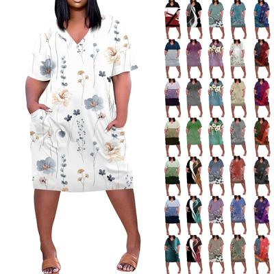 Zomer Plus Size V-hals Korte Mouw Kniezak Prints Casual Jurk Voor Vrouwen