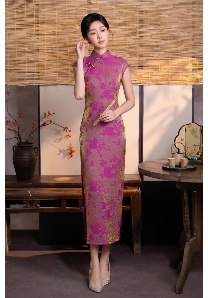 Retro Chinese style long floating brocade cheongsam 1011 summer new slim and thin middle-aged and elderly women's cheongsam skirt