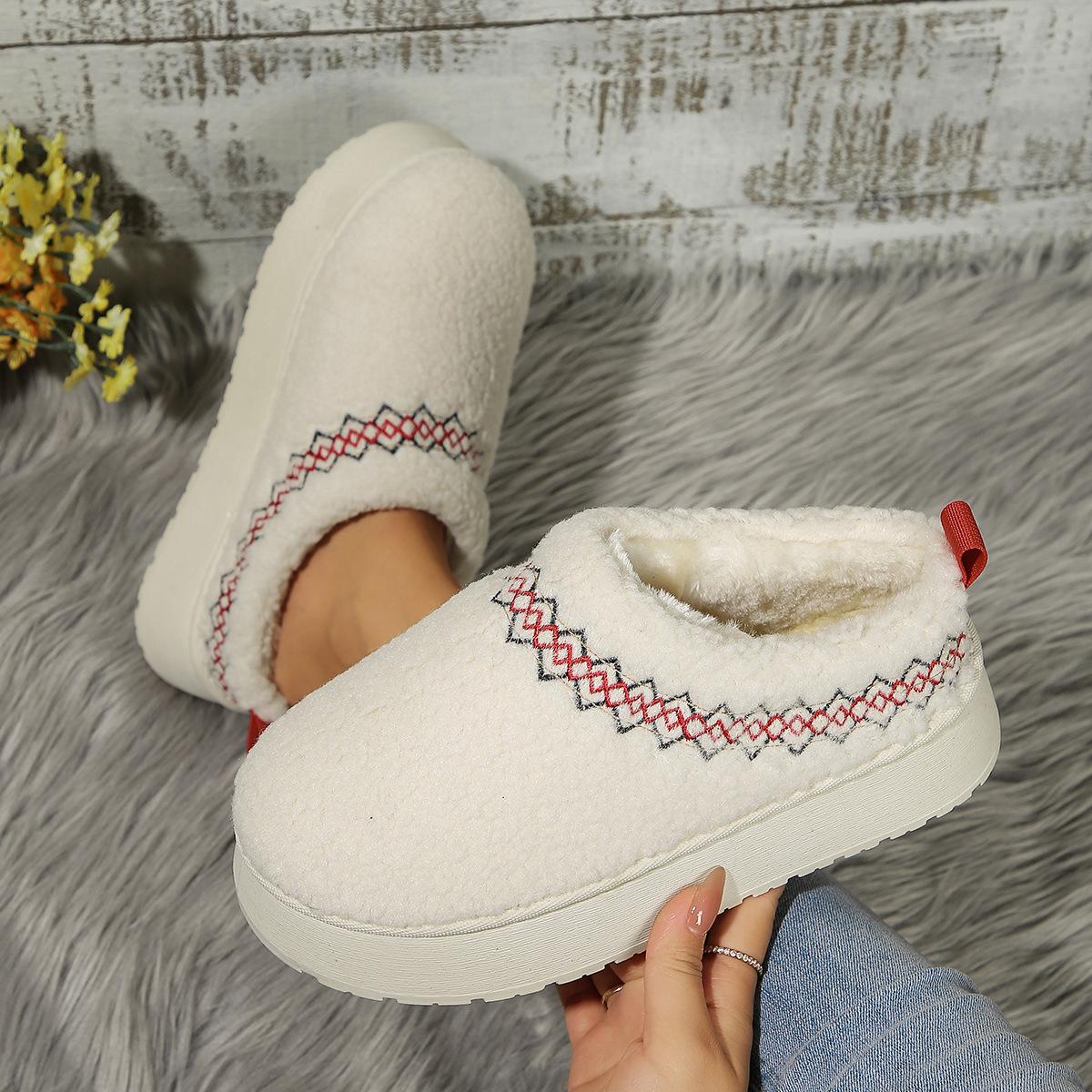 

Толстая подошва верхняя одежда зимние тапочки-мешки новые этнические кружевные мохнатые тапочки-полуподносы импортные хлопковые тапочки для снега 36 белый