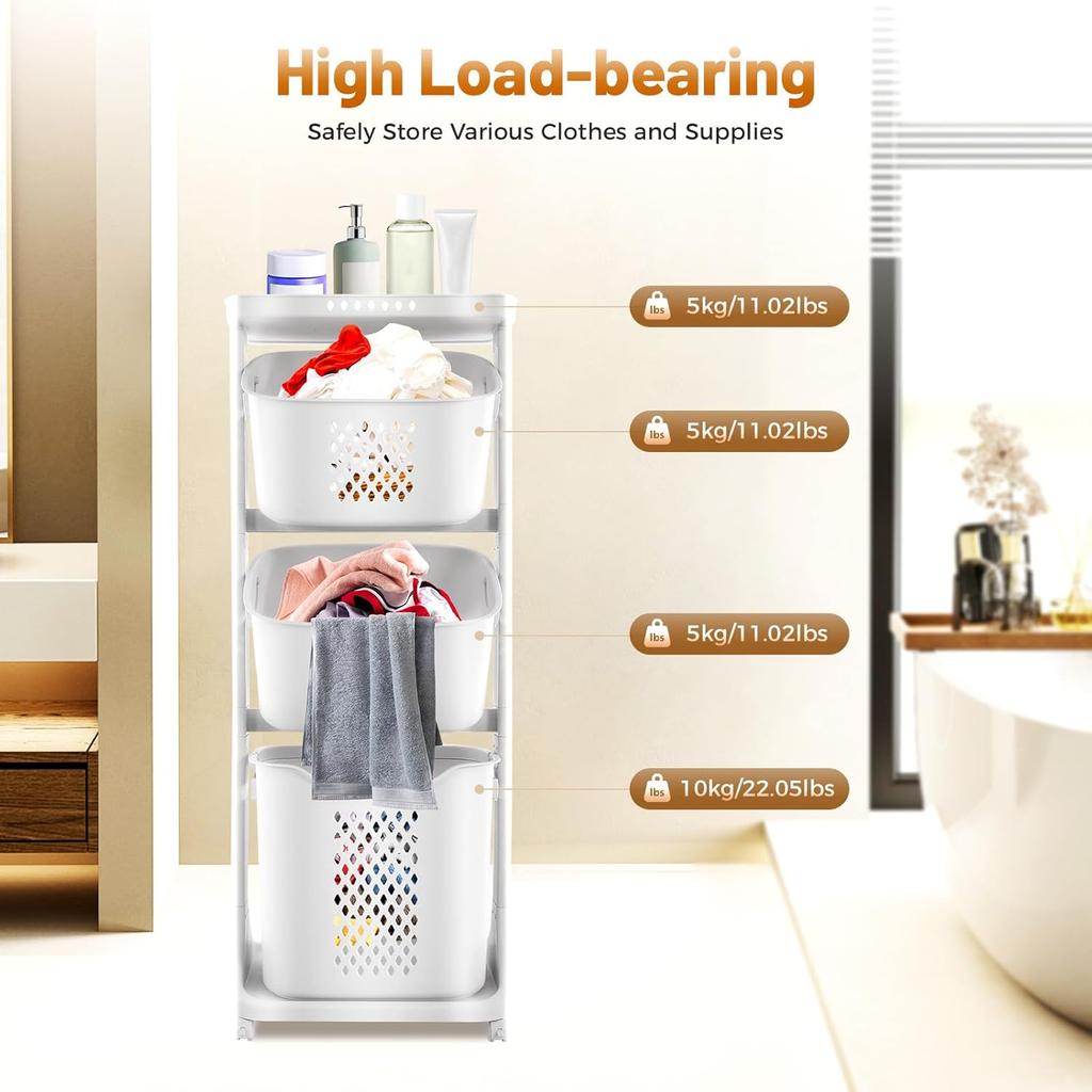 Laundry Hampers, 3 Tier Laundry Baskets Dirty Clothes Hamper with Wheels for Home, Dorms, Laundry Room and Apartment