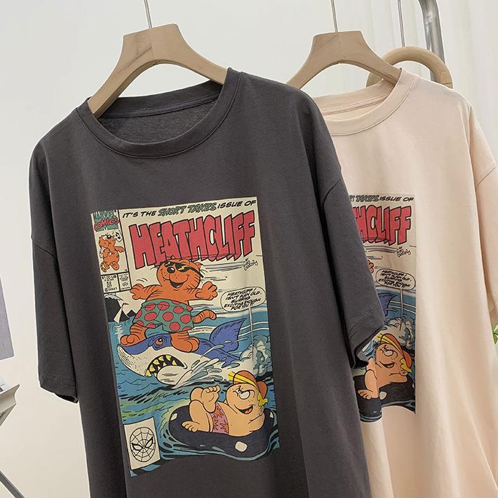 Women's Oversized Cartoon Print Morandi Color T-Shirt