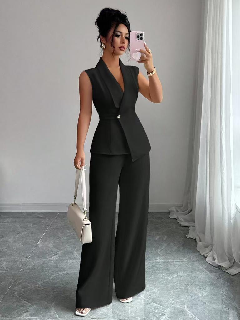 Womens Sleeveless V Neck Blouse Wide Leg Pants Set Solid Color Suit