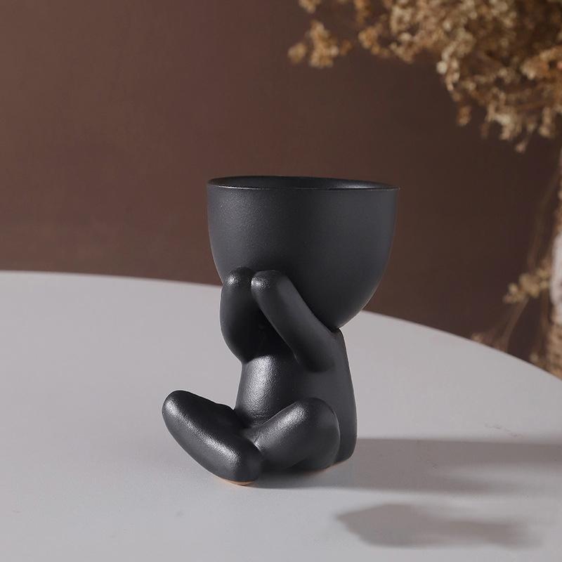 Creative Black Figure Flower Pot Succulent Plant Pot for Home Tabletop Decor Black Figure Cactus Potted Abstract Statue PlantPot