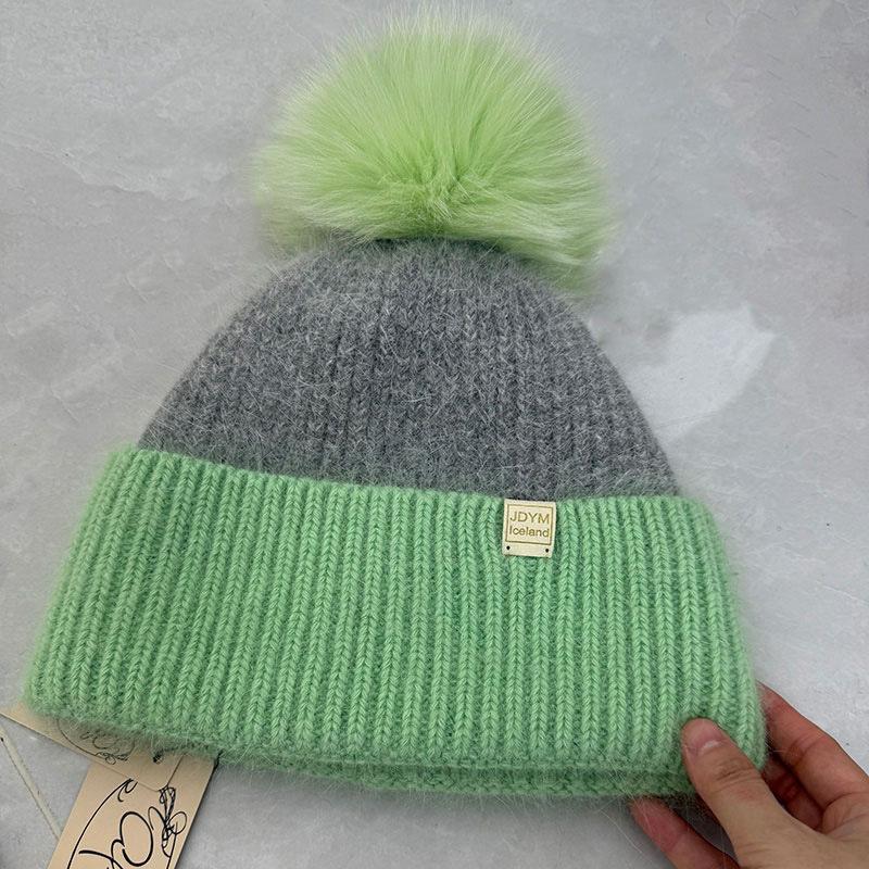 Double-layer rabbit plush knitted hat women's autumn and winter double-layer warm color matching versatile pile hat fox hairball hat