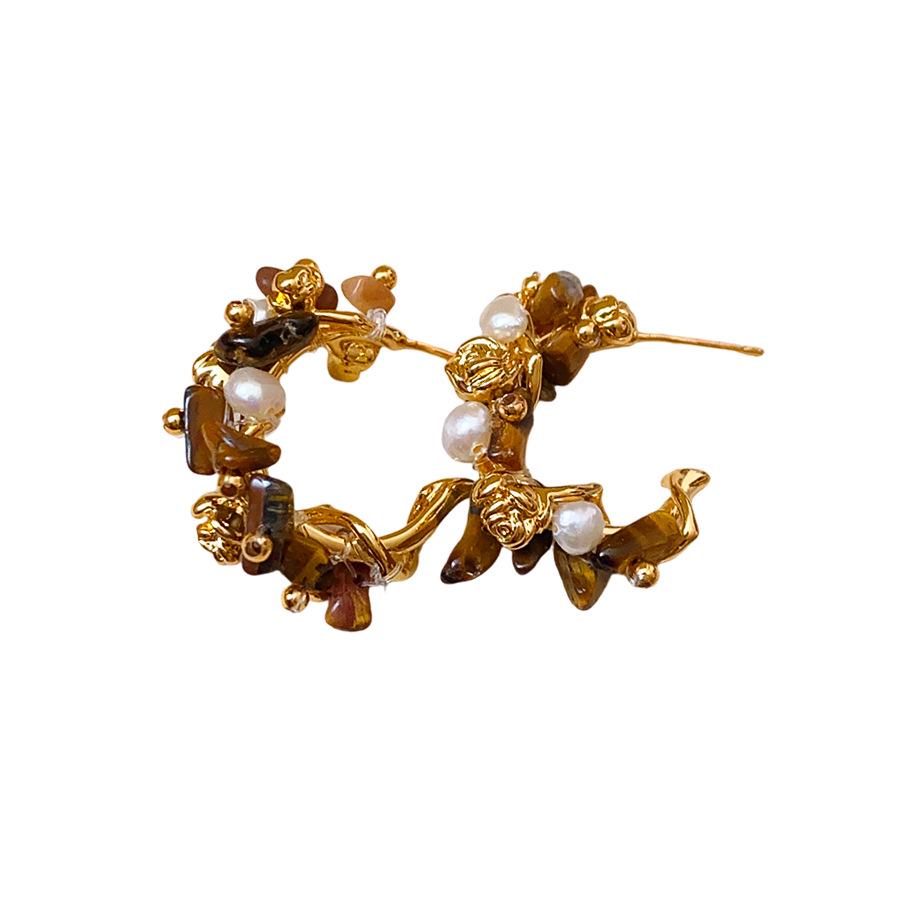 Silver Needle Geometric Tiger Eye Flower Earrings - Retro Style, Light Luxury, High-End Fashion Ear Studs