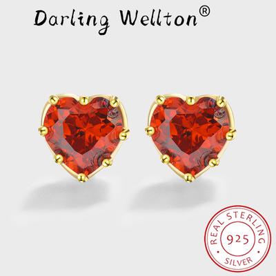 Trend 18K Gold Rubin Herz Ohrstecker für Frauen Rot Volldiamant Geometrisch Original Sterling Silber Verlobung Brautschmuck