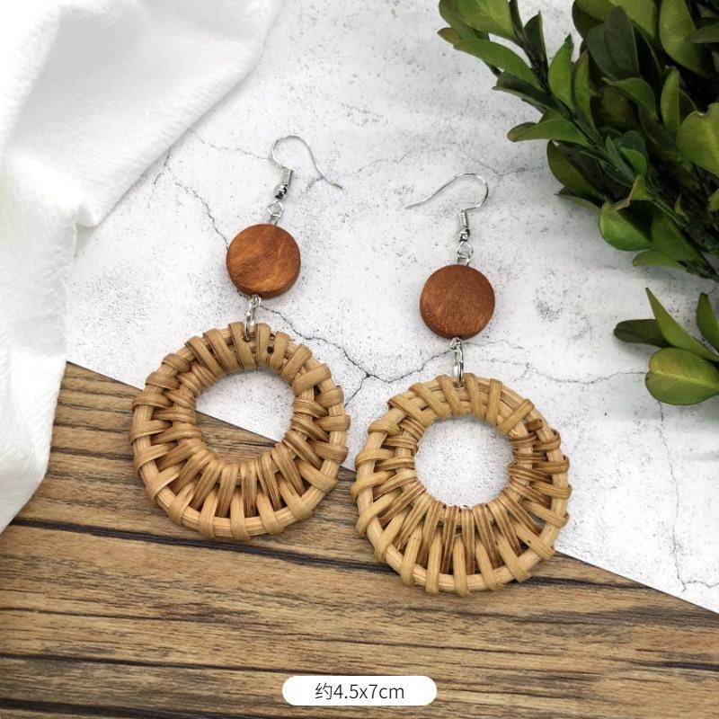 Vintage grass rattan woven handmade earrings bohemian vacation style stud earrings women's summer ear jewelry