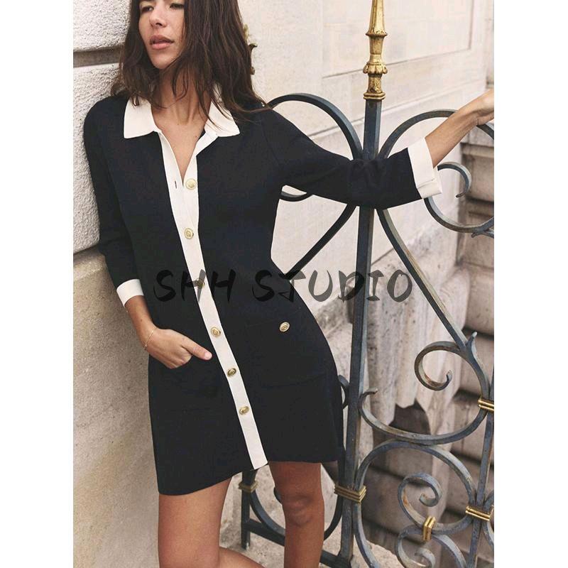 Spring New Women's Clothing French Style Classic Style Lapel Gold Decorated Row Button Knitting Short Dress 1822101