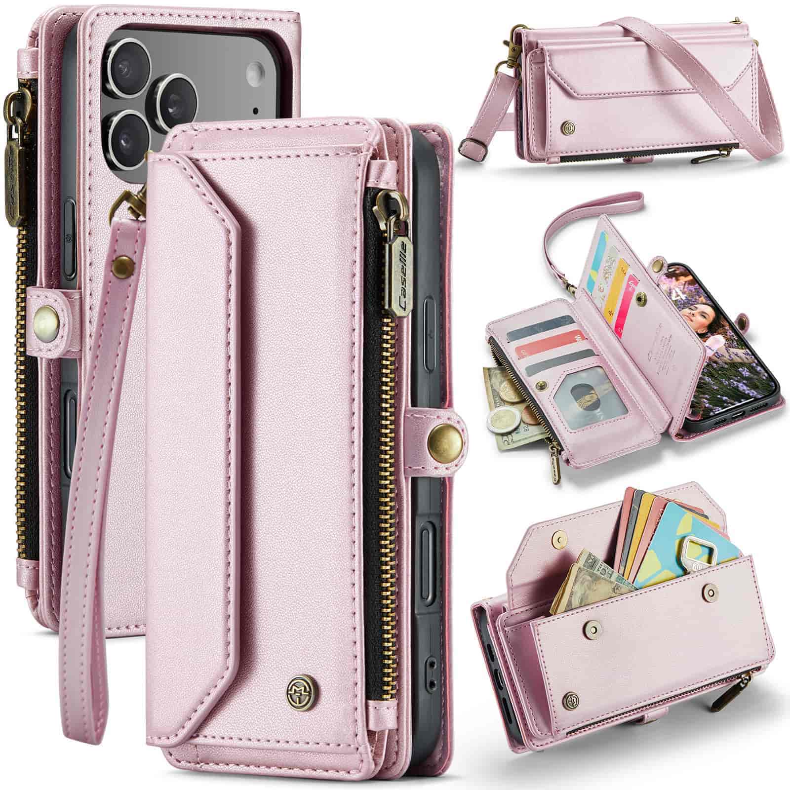 for iPhone Air/17/17 Pro/17 ProMax Case Wallet RFID Blocking with 7-Card Holder Zipper Bills,Wristlet Shoulder Strap Wallet Case iPhone Air