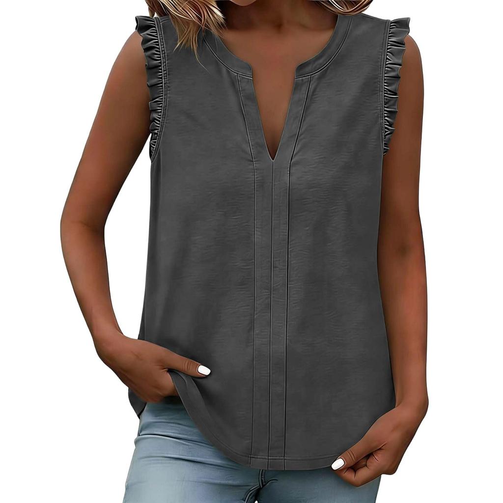 Damen Casual Tops Gerüschte Ärmellose Tops Lockere V-Ausschnitt Hemden Plissiertes Tanktop