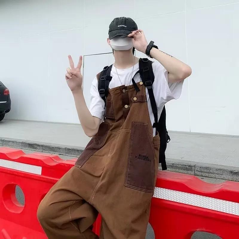 Retro Brown Coffee Color Denim Overalls Men's Suspenders Small Overalls One-piece Pants