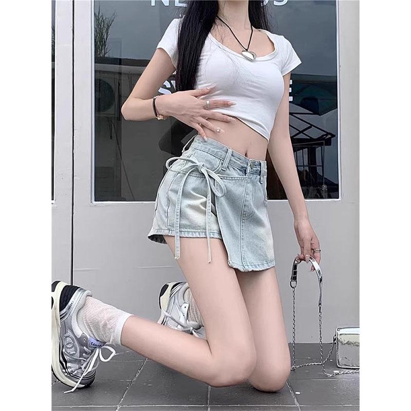 Spicy Girl Plus Size High-Waisted Lace-Up Denim Skirt for Women - Petite Irregular Two-Piece Summer Design