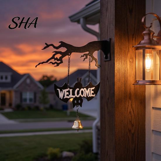 Halloween Decorations Wall Mounted Hanging Bell, Clear Sound Ghost/Bat Decorative Home Decor Dinner Bell for Outdoor Front Door Garden Porch