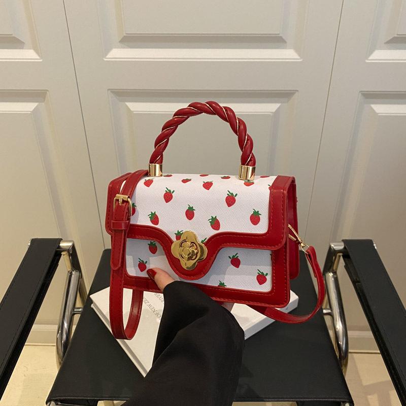 Little Cherry Printed Shoulder Bag Women's New Twist Portable Small Square Bag Fresh Contrast Color Design Messenger Bag