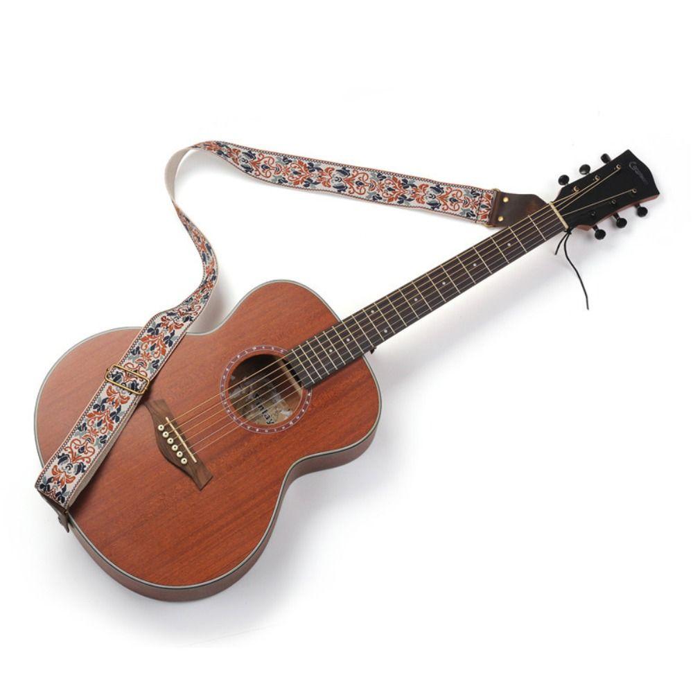 Vintage Flowers Embroidered Guitar Strap Leather Head Electric Guitar Belt Acoustic Bass