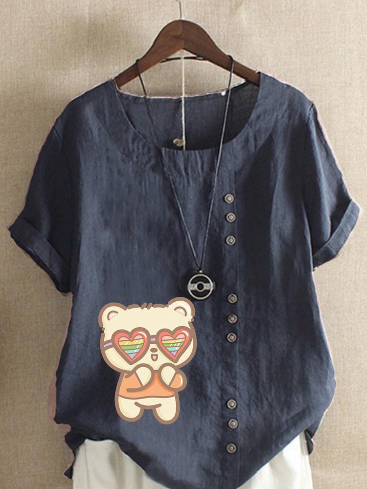 Women's Fashion Cute Cat Print Round Neck Short Sleeve T-shirt Summer Casual Cotton Linen Graphic Shirt Leisure Loose Blouse Tops