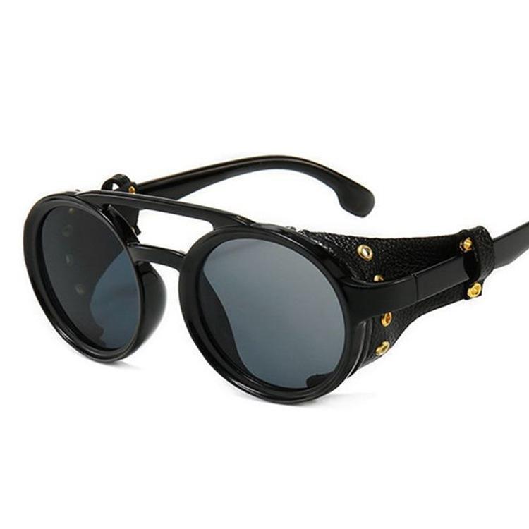 

Retro Round Frame Punk Steampunk Sunglasses European and American style personalized leather sunglasses case for men and women Driving glasses trend Black Frame Black and Gre