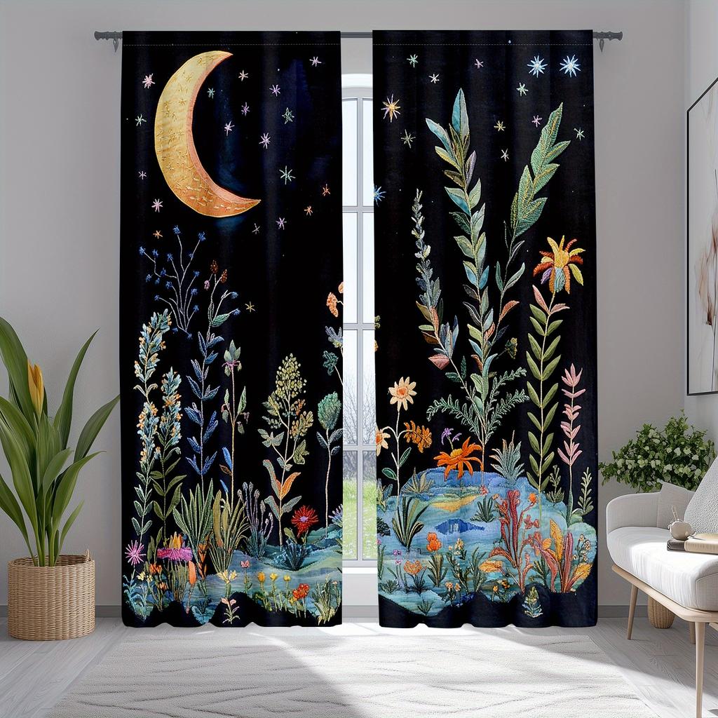 2pcs Black Night Mushroom Curtains   Boho Gothic & Botanical Moon-Star Design Drapes