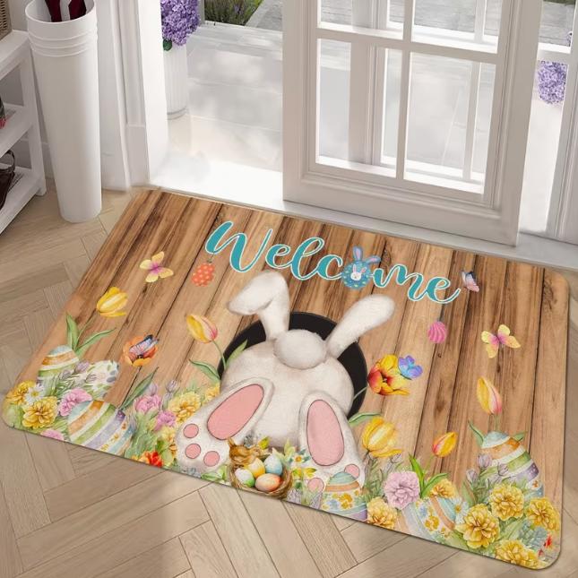 Flannel Spring Easter Bunny Easter Egg Flower Theme Print Door Mat Anti Slip Mat Carpet Spring Comfortable Floor Mat Decoration