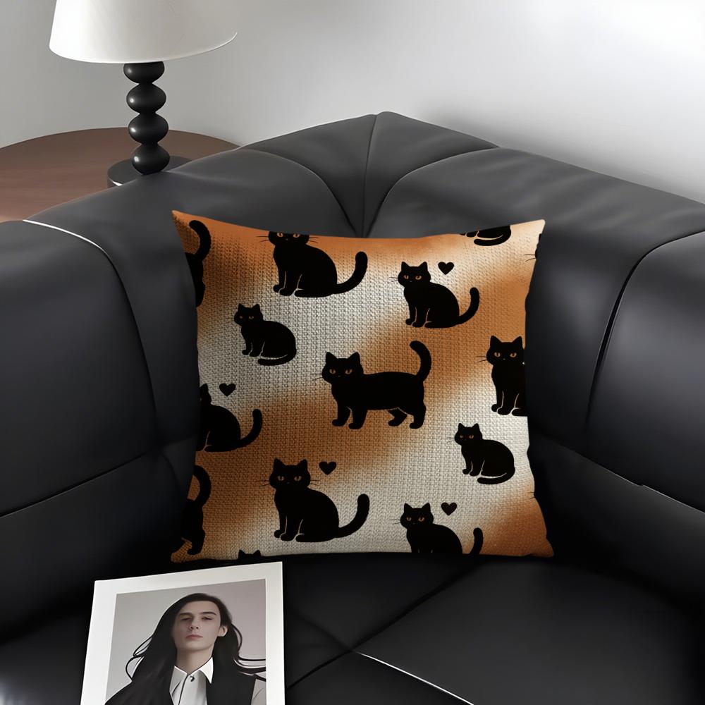 Black Cat Cushion Cover Natural Linen Organic Fabric Double-Sided Printing Sofa Home Decor Gift Pillow Case