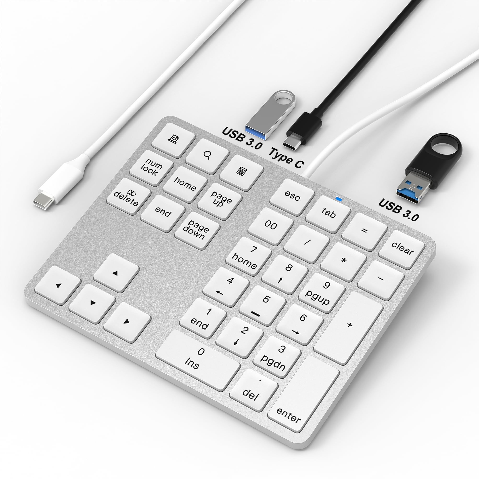 

Дротова цифрова 34-цифрова клавіатура з вкладкою з USB-концентратором 2 x USB-порти та 1 x USB C Цифрова клавіатура Mac Зовнішня цифрова клавіатура USB C з невеликим номером срібний