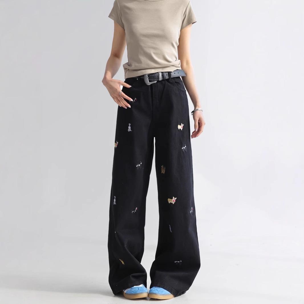 

Женские джинсы с высокой талией, в стиле ретро, с вышивкой щенков и широкими штанинами L Premium чёрный