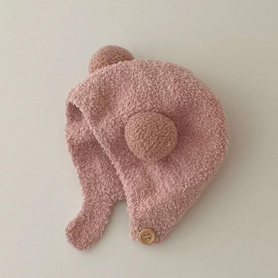 Children Hat with Bear Ear Design Solid Color Button Closure Elastic Breathable Winter Cap Cold Weather Accessory