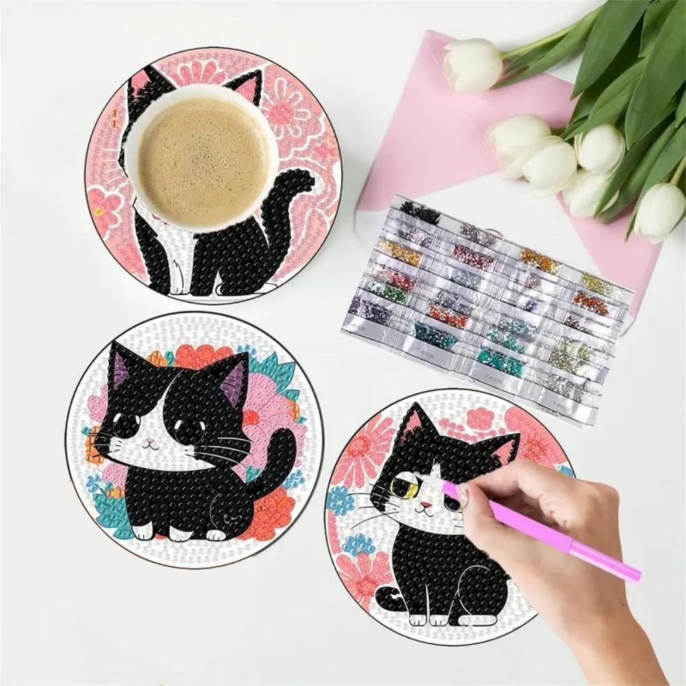 8 Stück/Set Untersetzer mit Diamantmalerei-Katzenmuster, DIY-Untersetzer mit Halter, Geeignet für Anfänger und Erwachsene, Kunst- und Bastelbedarf Geschenke
