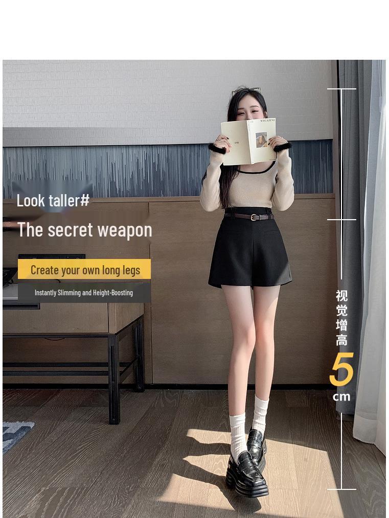 Dámské černé volné A-line šortky k obleku s vysokým pasem a rovnými nohavicemi - Korejský styl, jarní/letní ležérní nošení