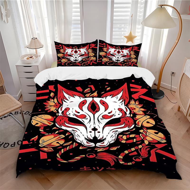 3pcs Anime Fox Mask Comforter Set with One Quilt Cover and Two Pillowcases (No Core) - Home Decor, Festival Gift, Polyester Fabric, Anime Cartoon Desi