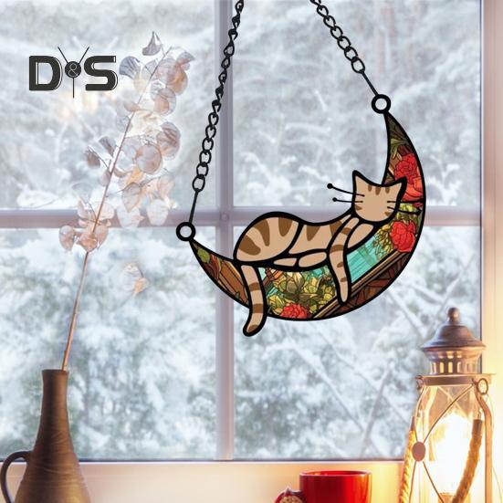 Cat Sleeping On Moon Hanging Decoration Living Room Wall Window Hanging Stained Glass Cartoon Kitten Suncatcher Colorful Acrylic Ornament Pendant