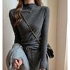 Autumn Winter Half High Collar Ruffles Solid T-shirt Women Long Sleeve Simple All-match Bottomed Tee Top Pullovers