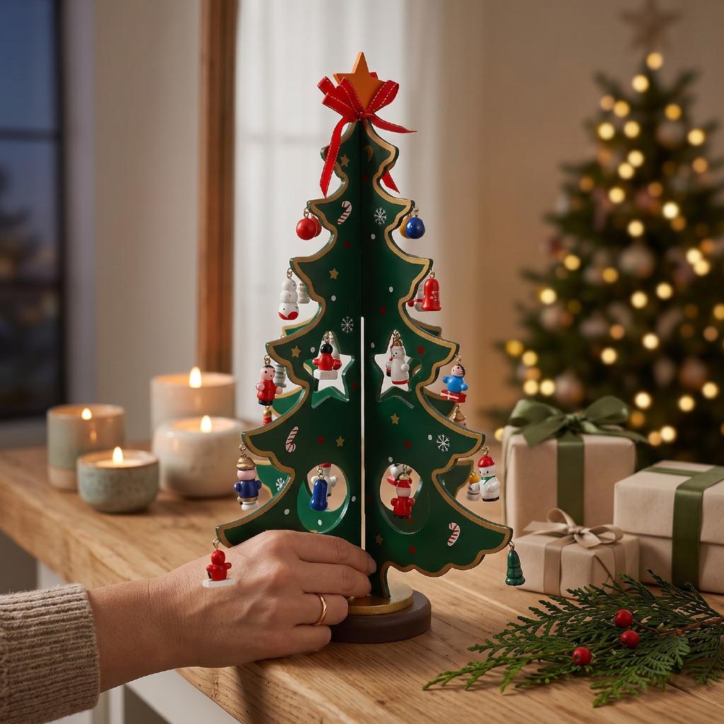 Wooden Xmas Tree Advent Calendar Tabletop Xmas Tree Decoration with Star Topper and 28 Ornaments for Home