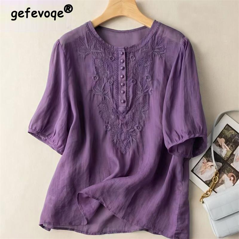

Women Clothing Summer Vintage Ethnic Style Embroidery Cotton Linen Blouse Casual O Neck Short Sleeve Loose Tops Blusas Mujer XXL коричневий