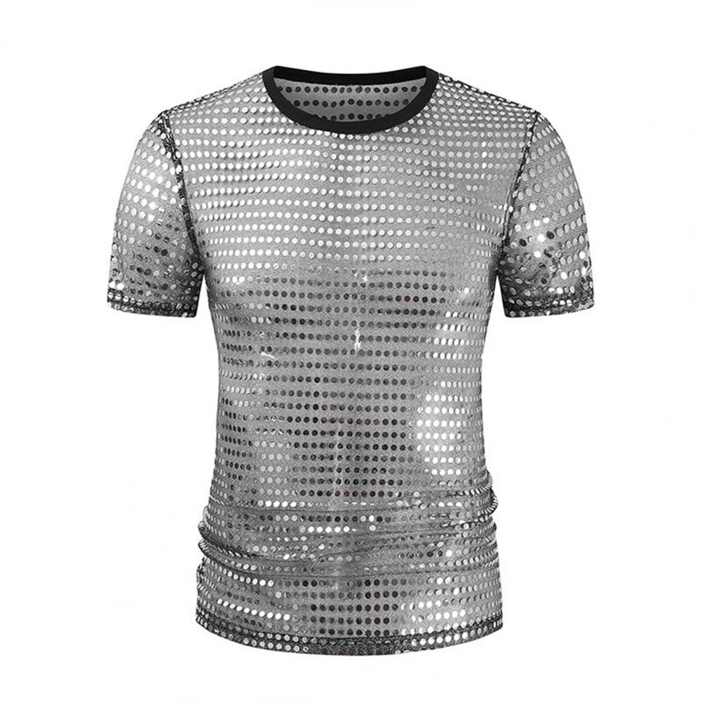 Sequined T-Shirt for Men Sparkling Dot Jazz Modern Dance T-Shirt Round Neck Short Sleeve Performance Tops 1970s Disco Tops Night