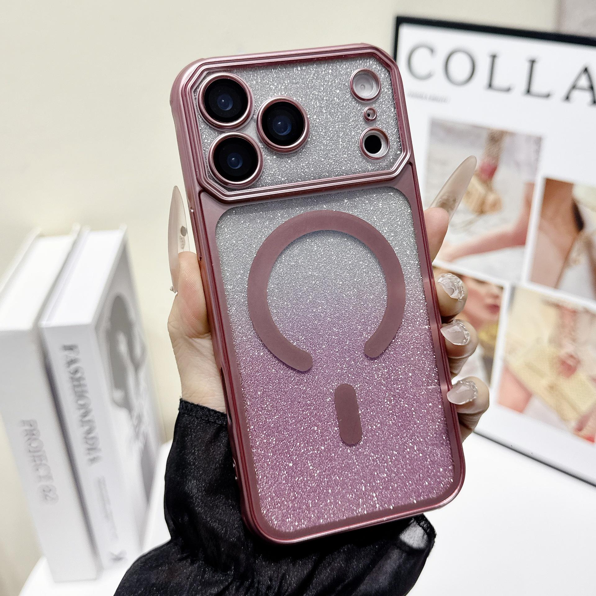 iPhone 16 Pro Max Glitter Gradient Magnetic TPU Case for Large Window Apple 17 Series iPhone 16 Plus розовый