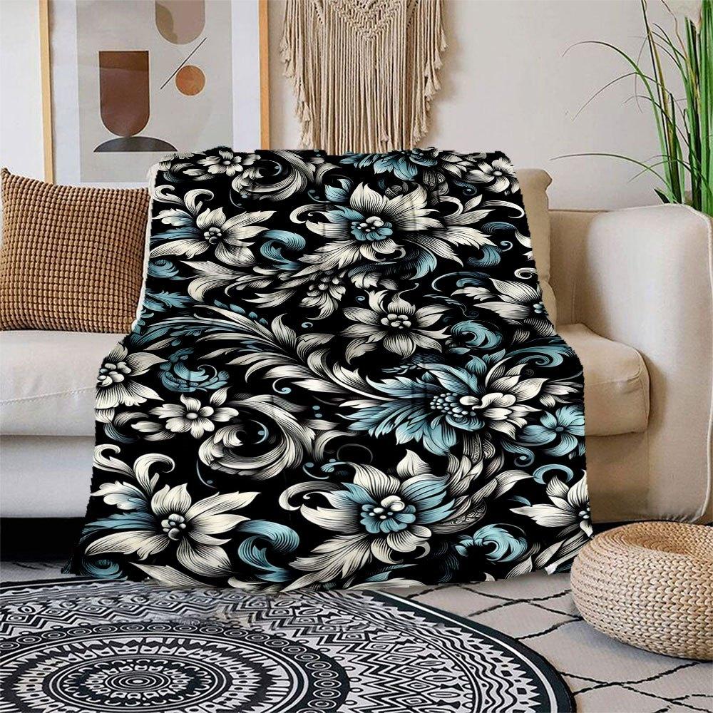 

Elegant Floral Wallpaper Mural - Black & White with Blue AccentsBlanket Flannel Throw Blanket for Sofa, Bed, Travel, Camping, Office, Couch, 150x180cm