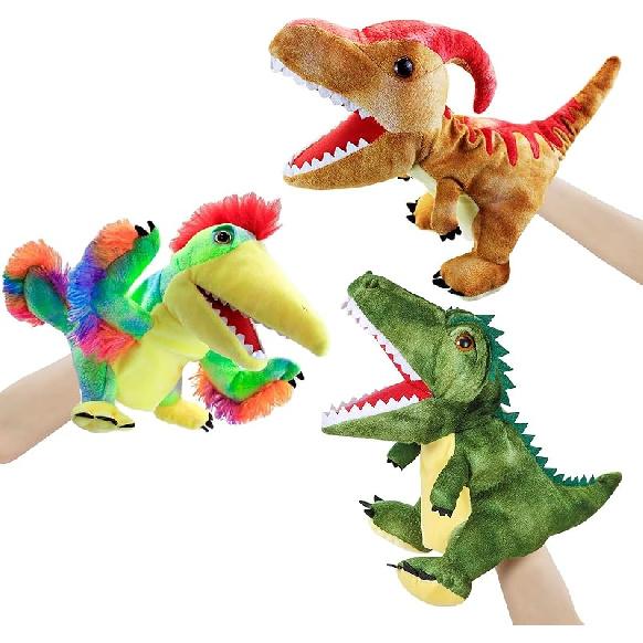 3Pcs Dinosaurs Plush Toys, Dinosaur Hand Puppets Kids Toys,Stuffed Animals Plush Toys Interactive Games for Boys Girls Age 4 5 6 7 8