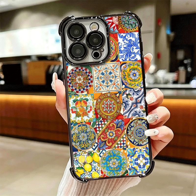 Italian Sicilian Style Floral Pattern Plating Phone Case For Iphone 16 17 Pro Max Air 16E 14 15 Plus 12 13 Mini Anti-Fall Airaba